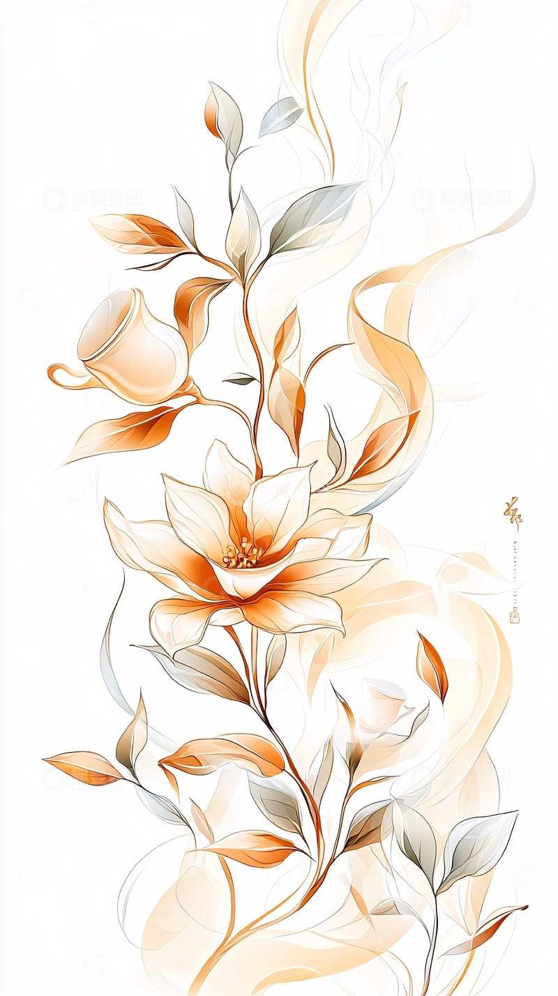 高清大图下载【趣麦麦图】橙色花卉手绘艺术插画