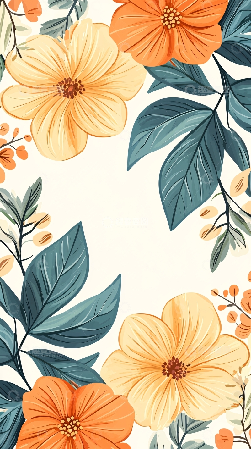 高清大图下载【趣麦麦图】橙色花卉与绿叶背景图案