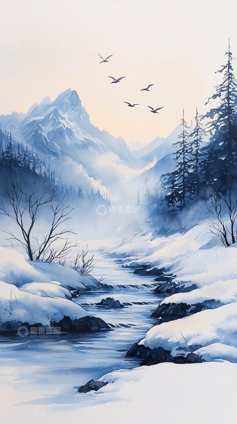 高清大图下载【趣麦麦图】冬日雪山河流风景画