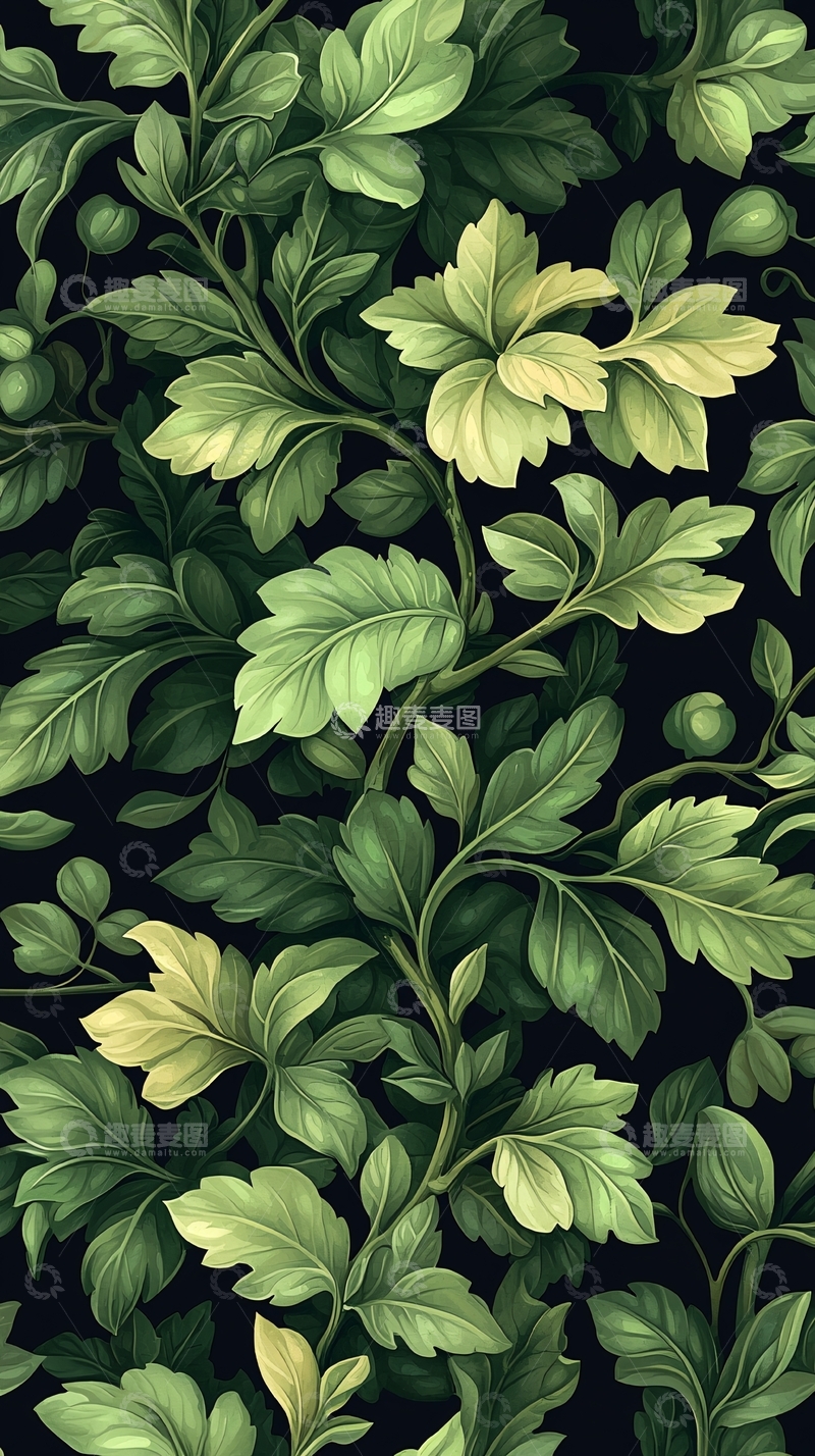 高清大图下载【趣麦麦图】深色背景下的绿色植物图案