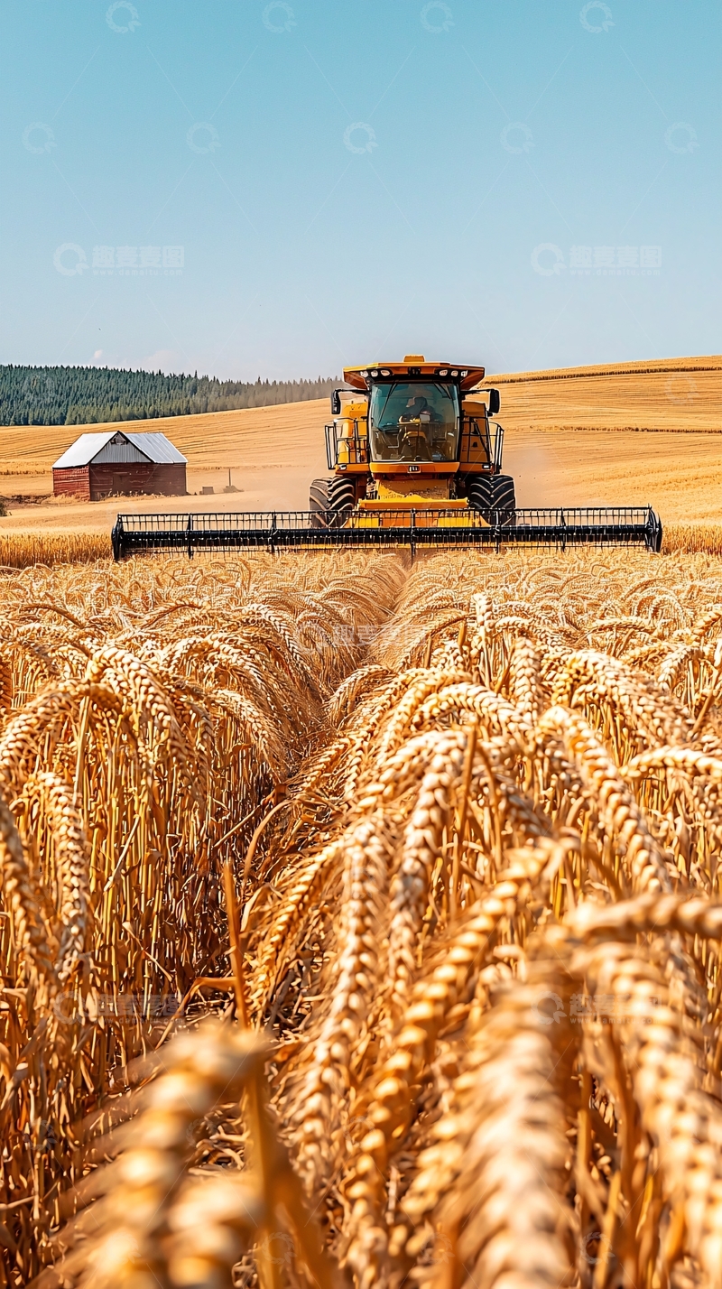 高清大图下载【趣麦麦图】金黄麦田收割机作业场景