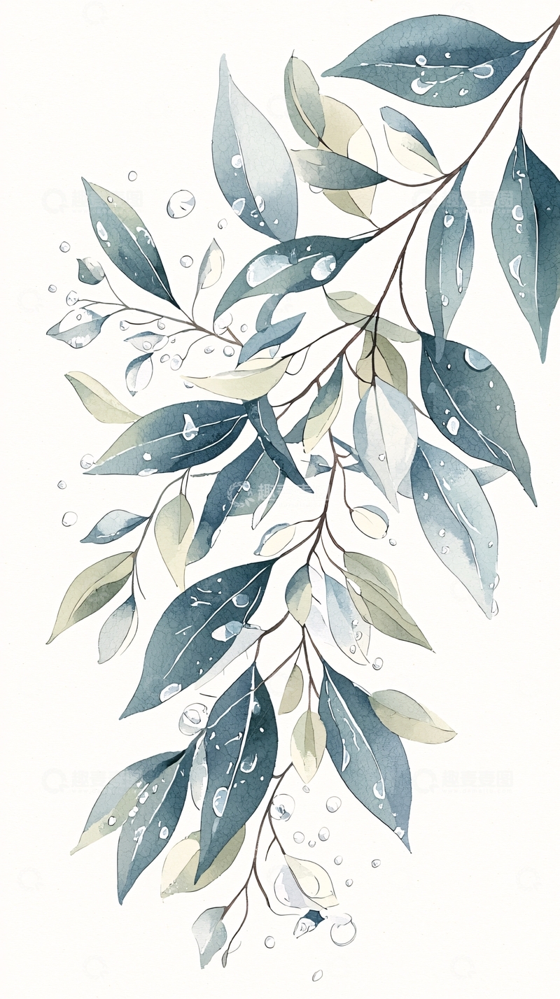 高清大图下载【趣麦麦图】雨后青翠枝叶水彩画