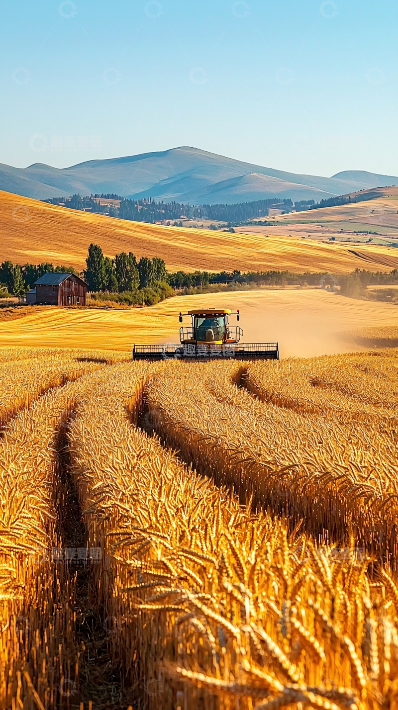 高清大图下载【趣麦麦图】金黄麦田收割机远景
