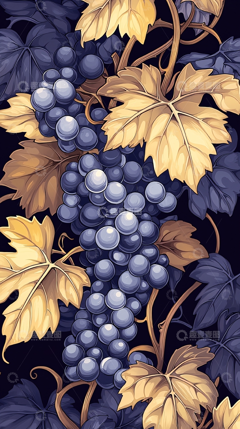 高清大图下载【趣麦麦图】葡萄与叶子插画背景图