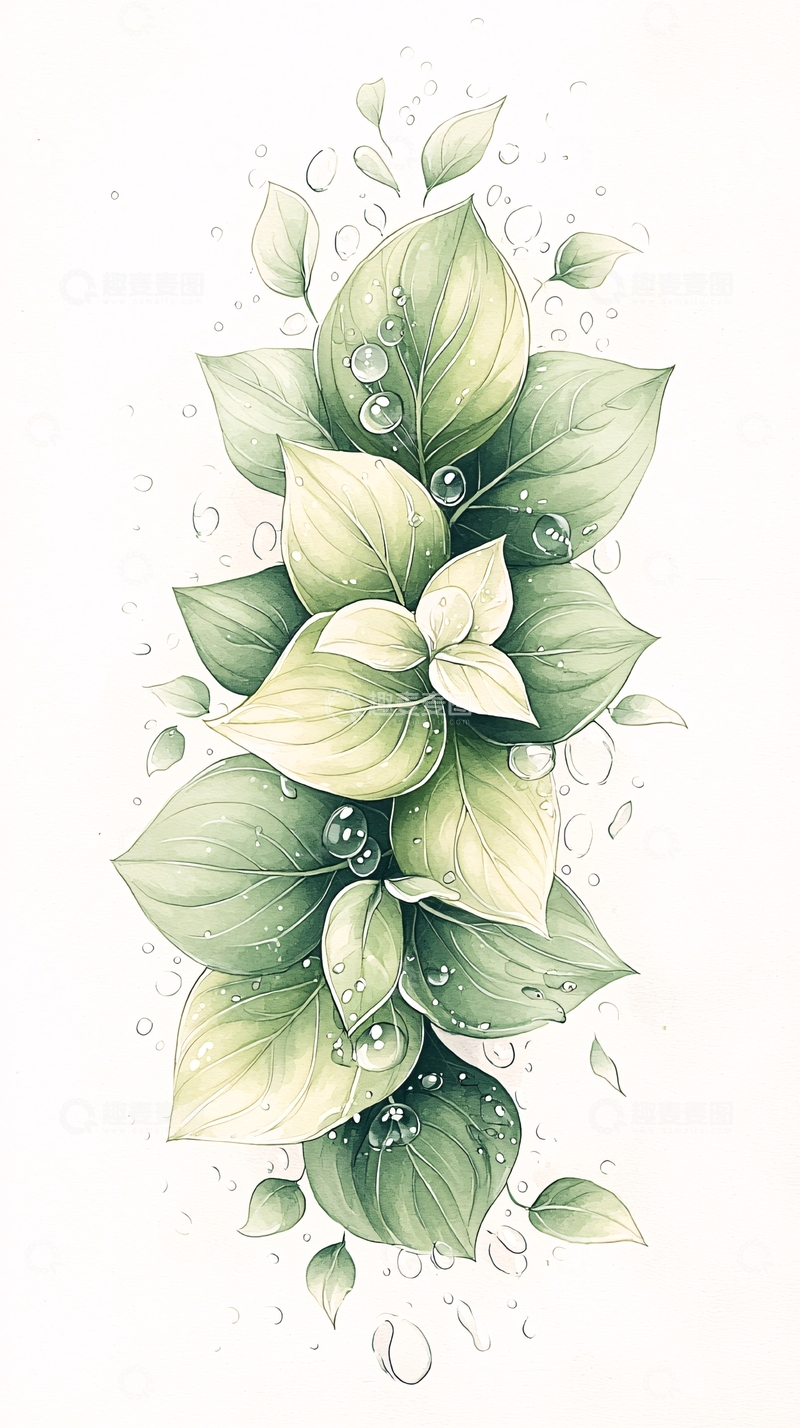高清大图下载【趣麦麦图】清新绿叶水珠植物插画