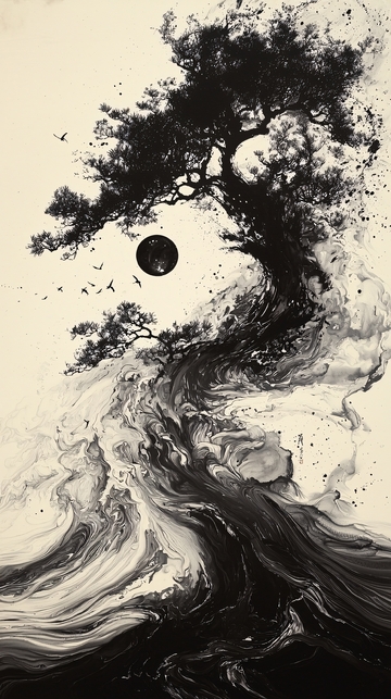 树与月夜的水墨画