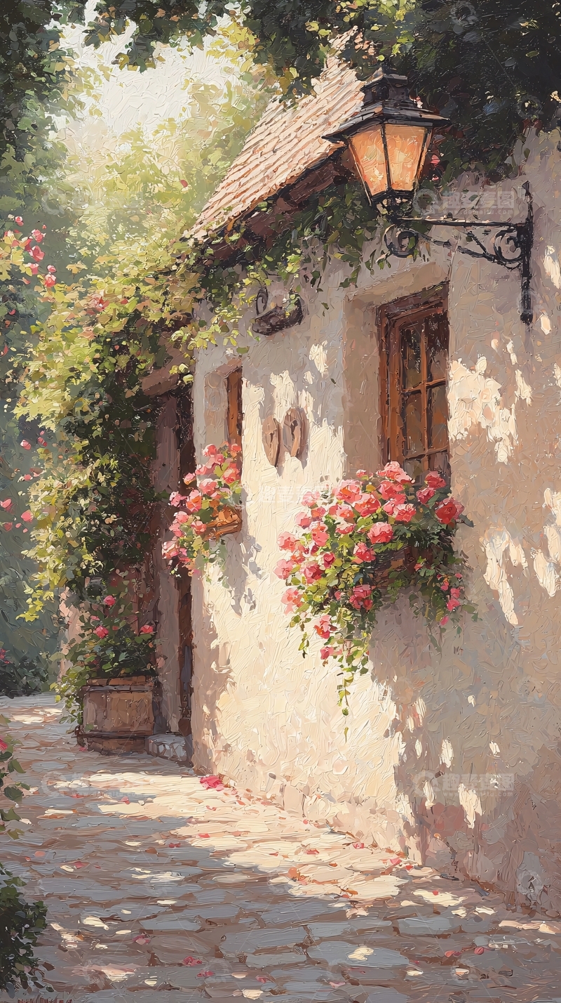 高清大图下载【趣麦麦图】乡村小屋与花篮的温馨场景