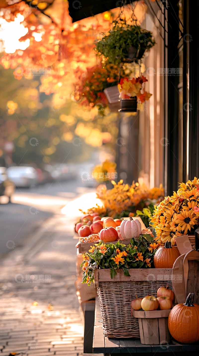 高清大图下载【趣麦麦图】秋日街边装饰南瓜苹果花篮
