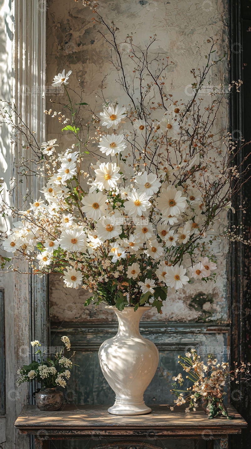 高清大图下载【趣麦麦图】白色花瓶中的自然花卉装饰