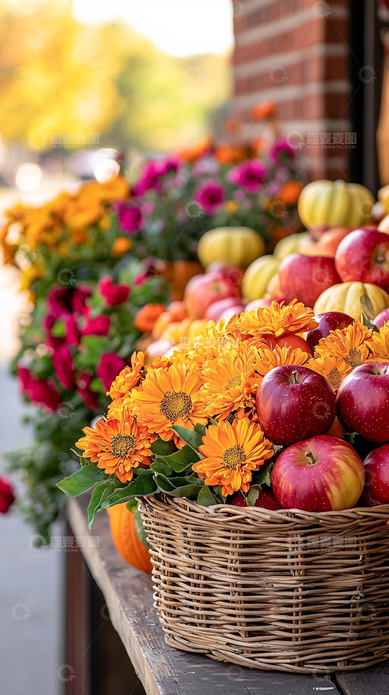 高清大图下载【趣麦麦图】秋日丰收篮子与鲜花苹果