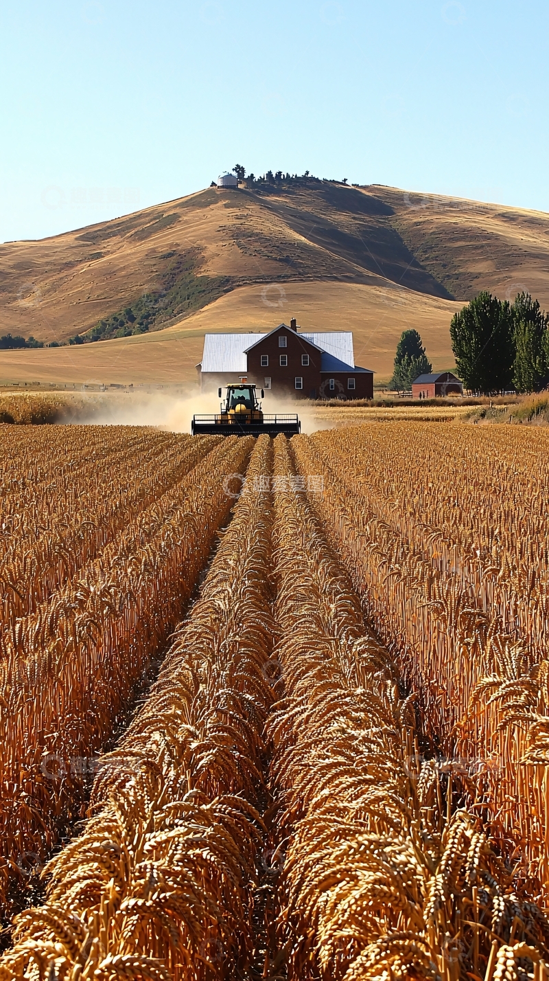 高清大图下载【趣麦麦图】金黄麦田收割机作业场景