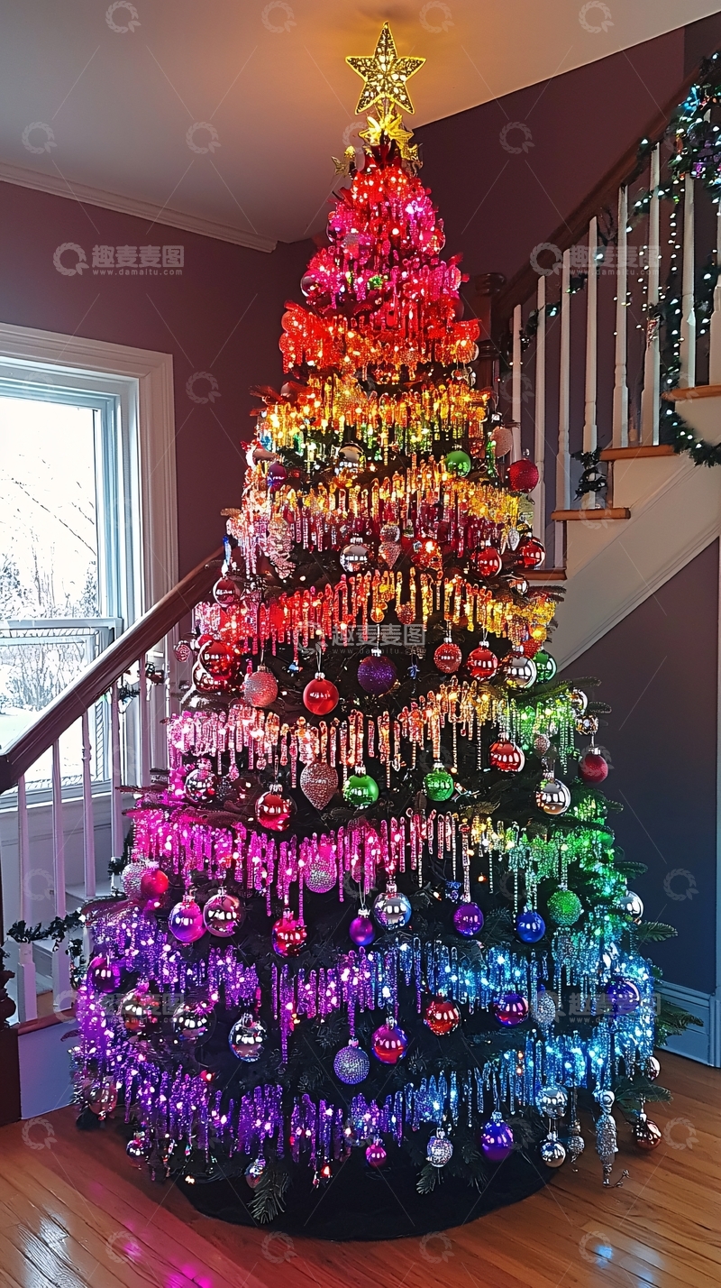 高清大图下载【趣麦麦图】彩虹圣诞树装饰场景