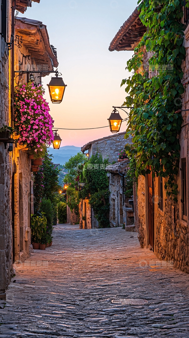 高清大图下载【趣麦麦图】夕阳下的石板小巷