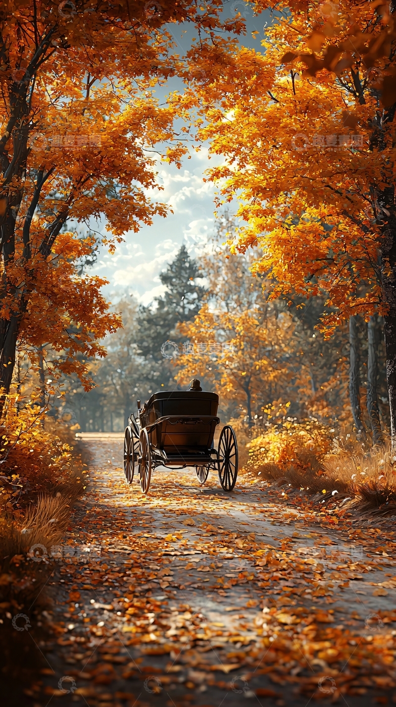 高清大图下载【趣麦麦图】秋日森林中的马车