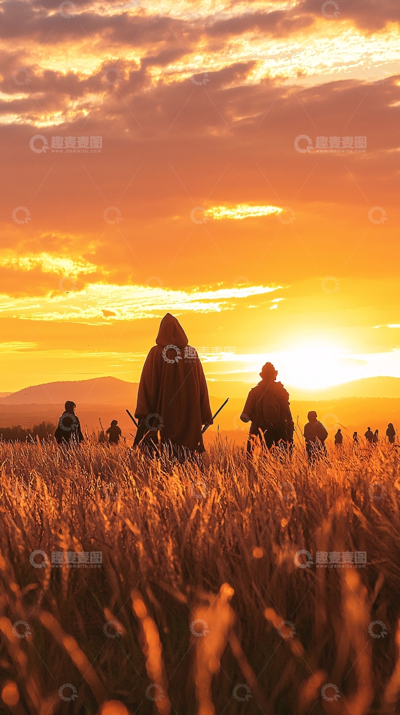 高清大图下载【趣麦麦图】夕阳下的田野与旅人