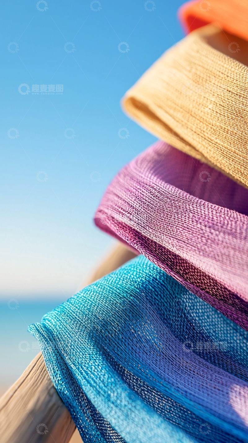 高清大图下载【趣麦麦图】海滩上的彩色毛巾和帽子