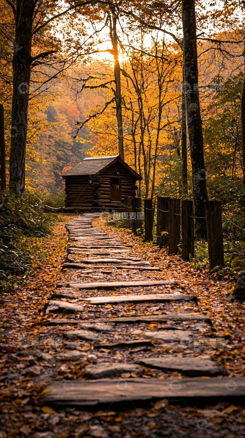 高清大图下载【趣麦麦图】秋日小屋石径风景
