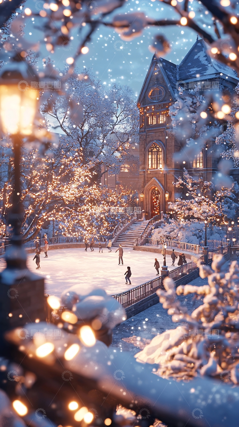 高清大图下载【趣麦麦图】冬日城堡冰场夜景