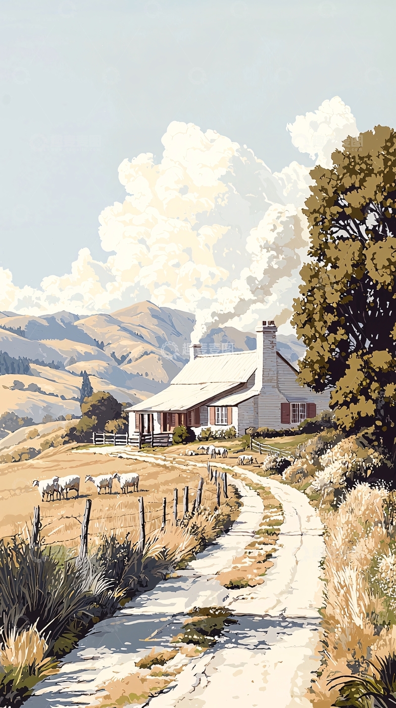 高清大图下载【趣麦麦图】乡村小屋与羊群的田园风光