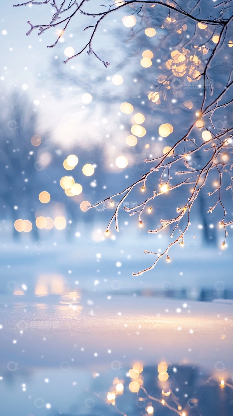 高清大图下载【趣麦麦图】冬日雪景下的灯光树枝