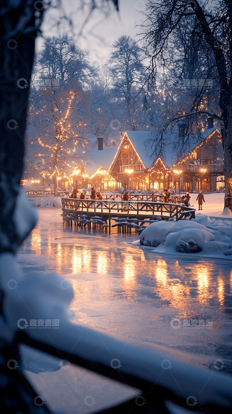 高清大图下载【趣麦麦图】冬日雪景中的温馨小屋