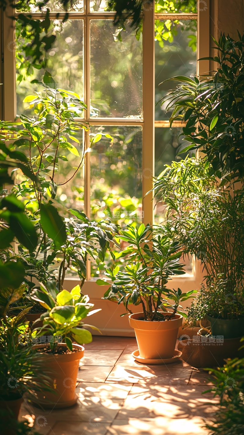 高清大图下载【趣麦麦图】阳光透过窗户洒在植物上