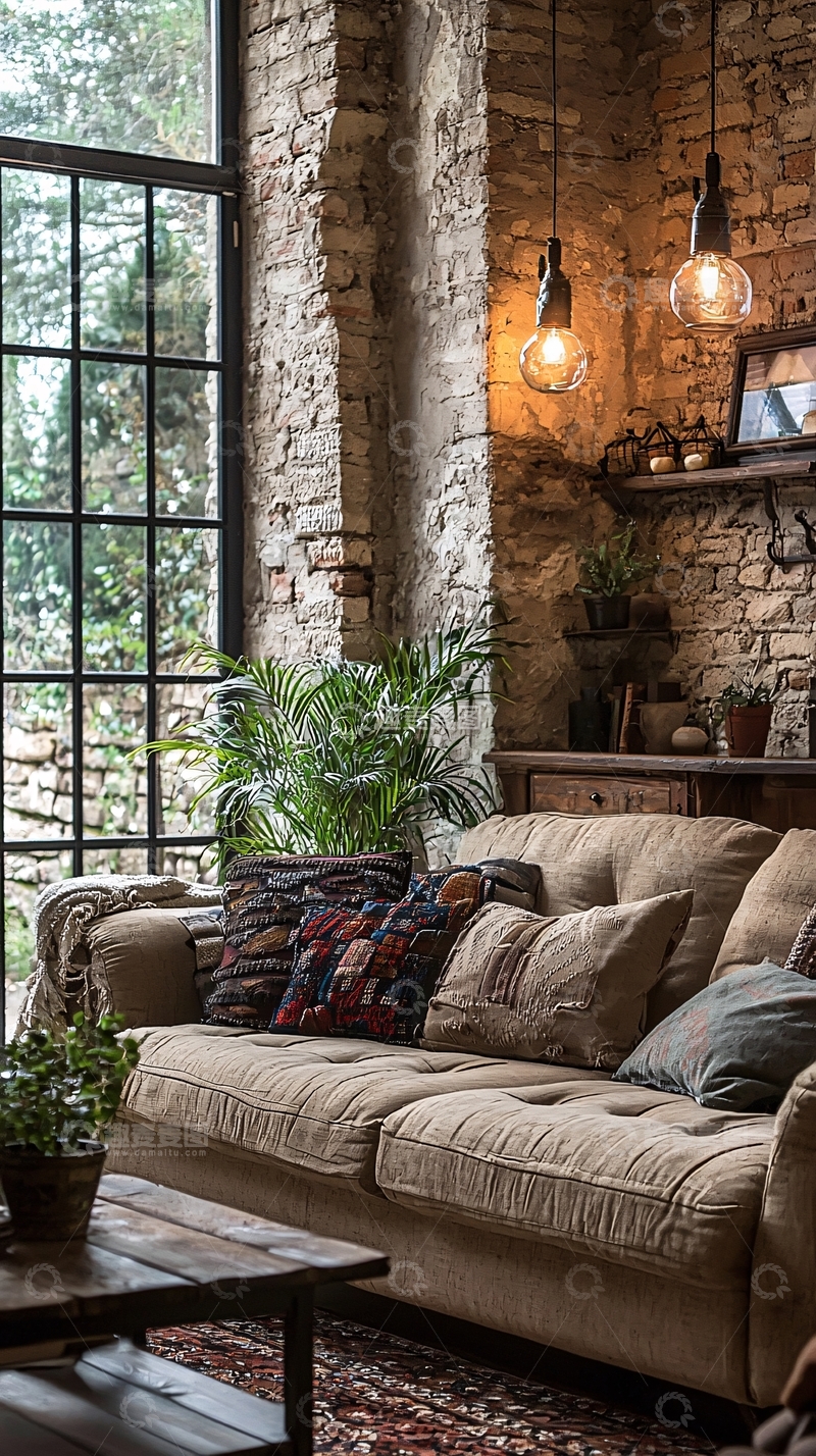 高清大图下载【趣麦麦图】复古石墙客厅装饰设计