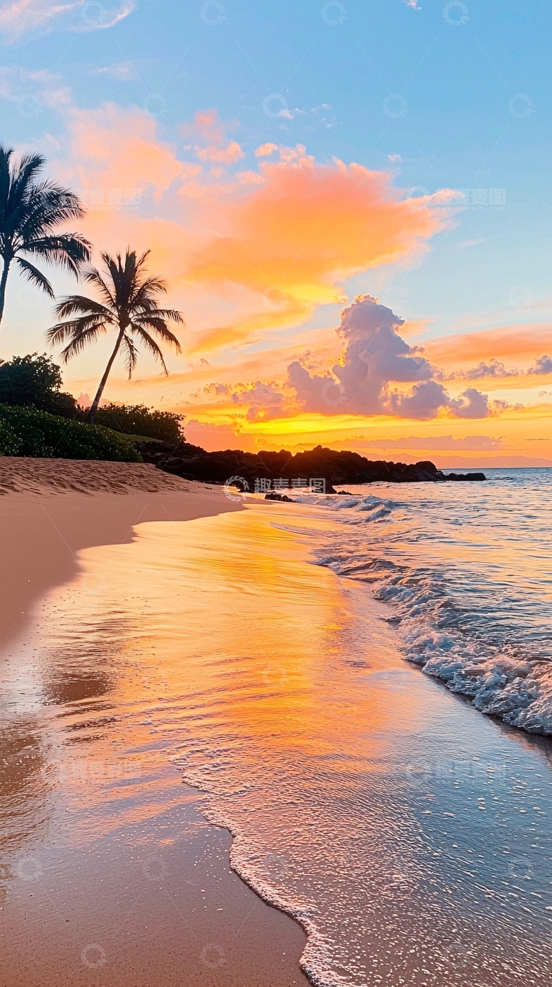 高清大图下载【趣麦麦图】日落海滩椰树沙滩