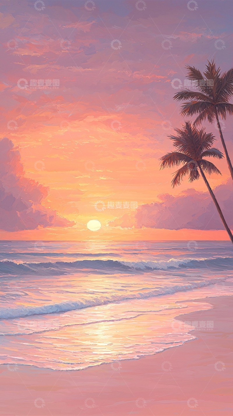 高清大图下载【趣麦麦图】日落海滩椰树风景