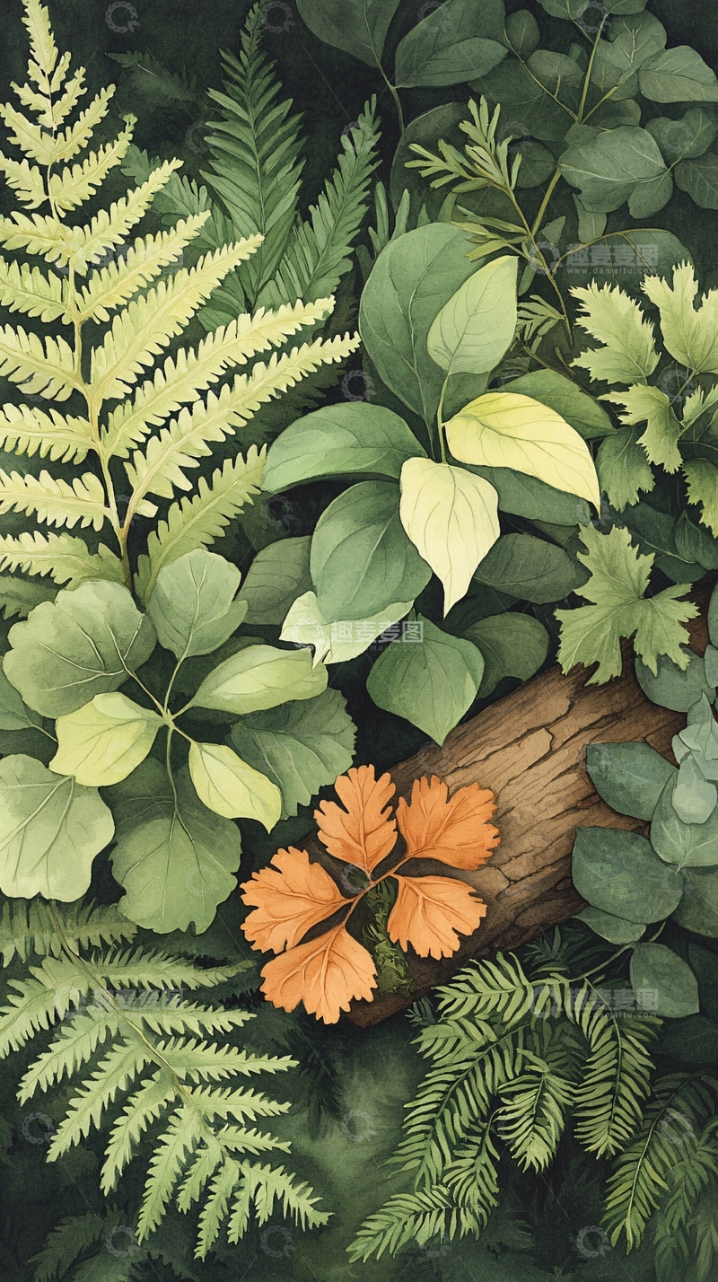 高清大图下载【趣麦麦图】秋日森林中的蕨类植物与落叶