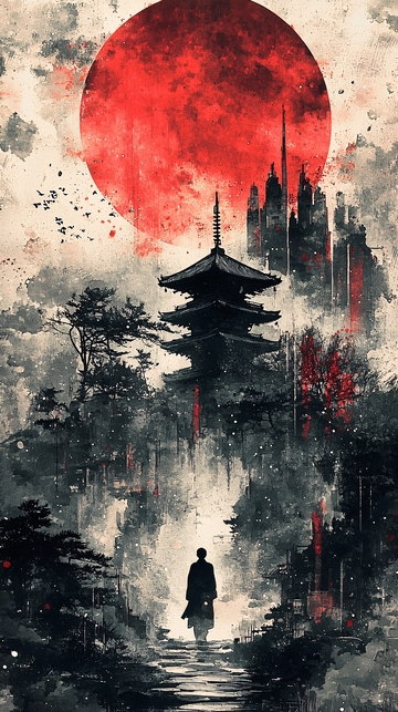 红日下的古塔与行人