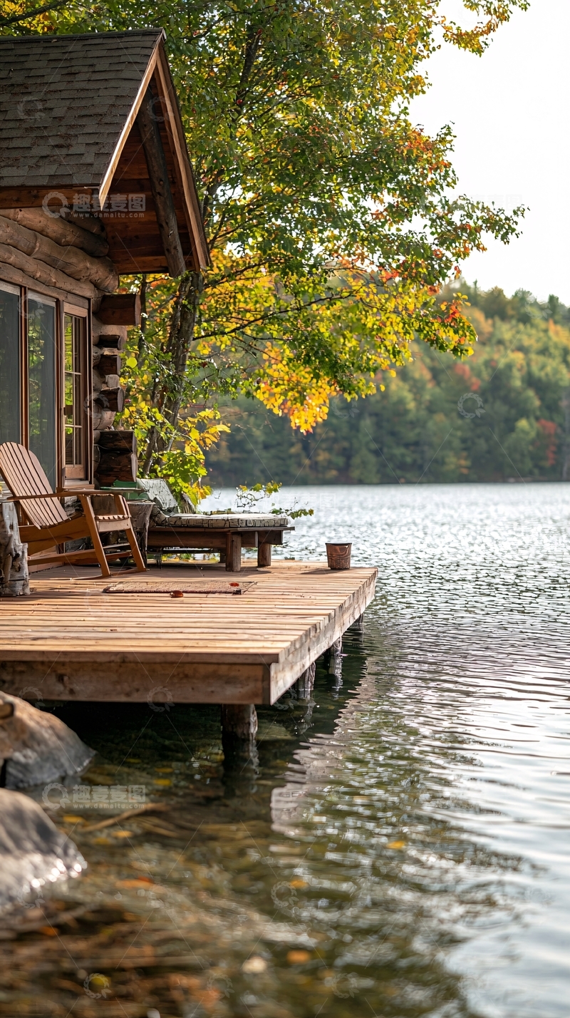 高清大图下载【趣麦麦图】湖边木屋秋景