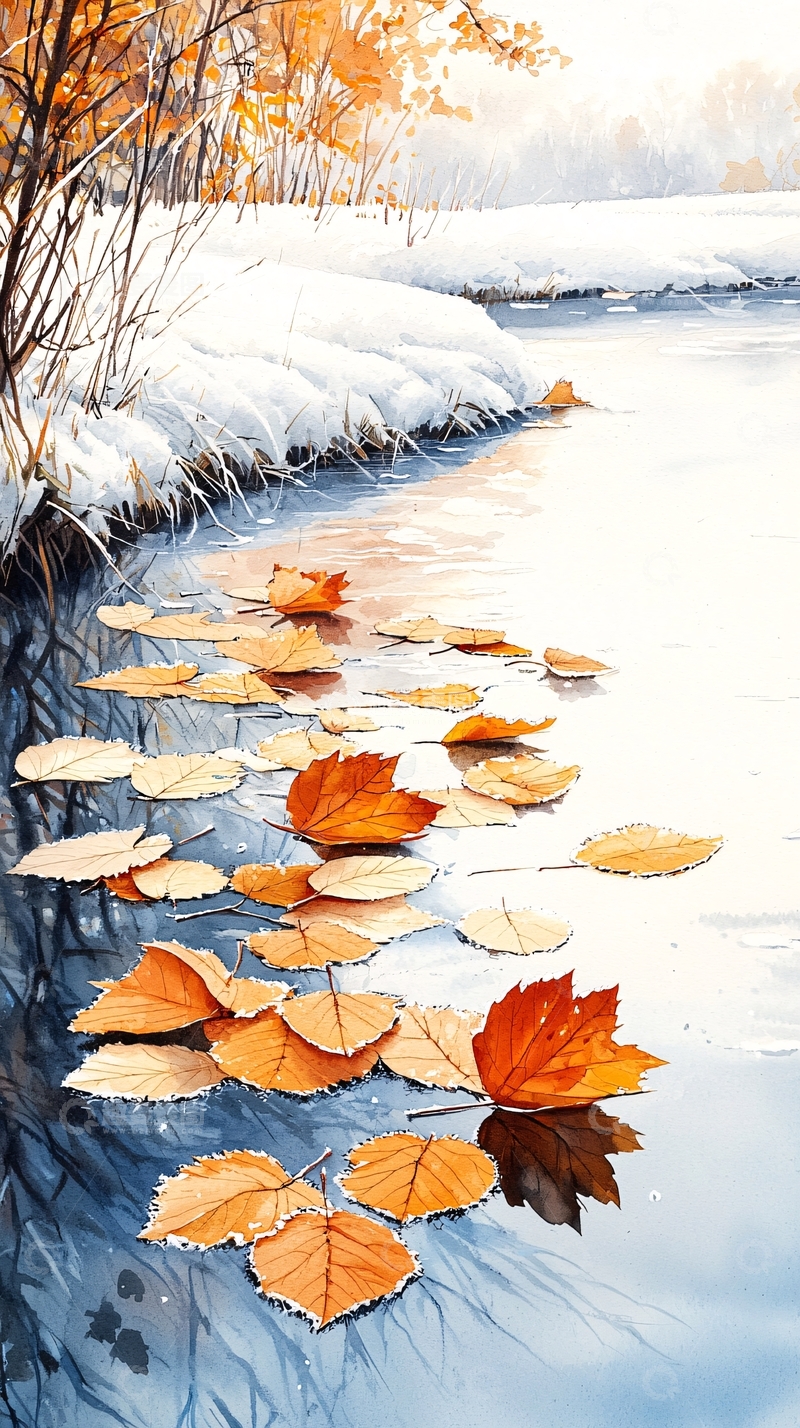高清大图下载【趣麦麦图】秋叶漂浮在冰面上
