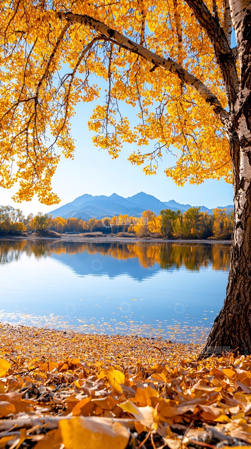 高清大图下载【趣麦麦图】秋日湖畔金色树影