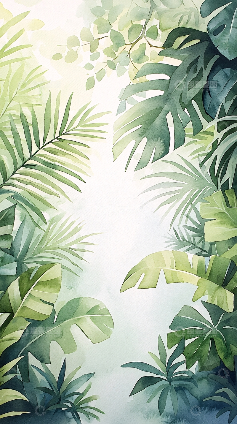 高清大图下载【趣麦麦图】热带雨林植物水彩画背景