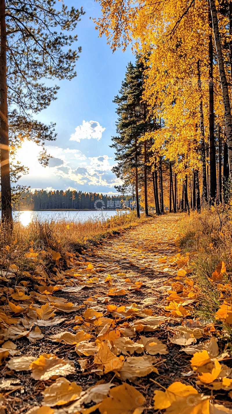 高清大图下载【趣麦麦图】秋日湖畔小径风景