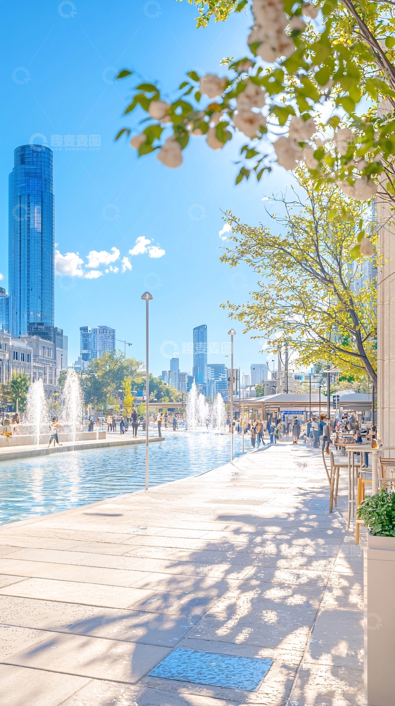 高清大图下载【趣麦麦图】城市喷泉与高楼的晴天景色