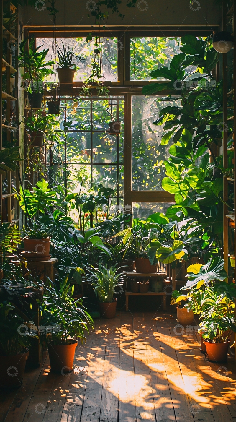 高清大图下载【趣麦麦图】阳光洒满绿植室内的温馨场景