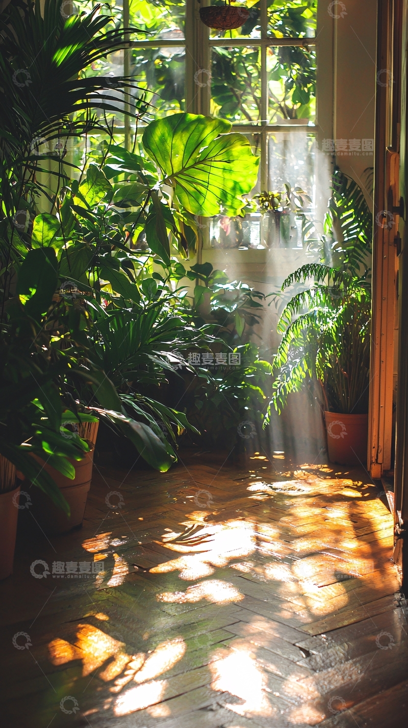 高清大图下载【趣麦麦图】阳光透过窗户洒进室内植物园