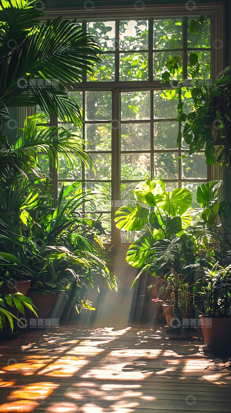 高清大图下载【趣麦麦图】阳光透过窗户洒满绿植室内的场景