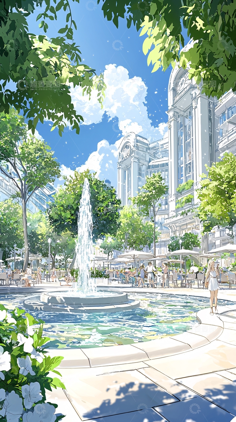 高清大图下载【趣麦麦图】夏日广场喷泉与绿树