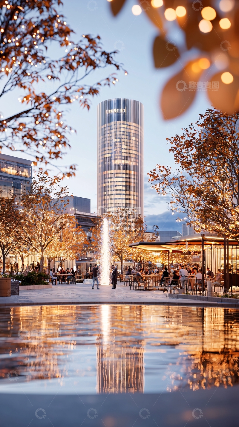 高清大图下载【趣麦麦图】秋日城市夜景水池喷泉