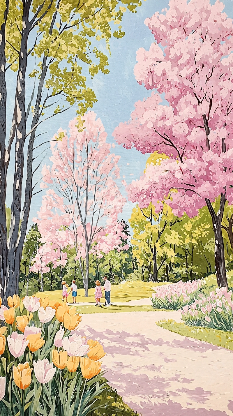 高清大图下载【趣麦麦图】春天公园散步风景画