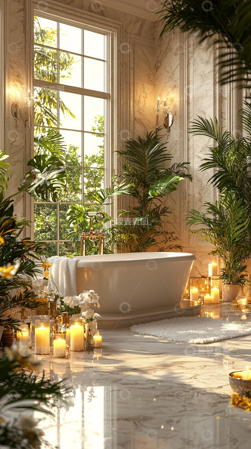 高清大图下载【趣麦麦图】奢华大理石浴室与绿植装饰