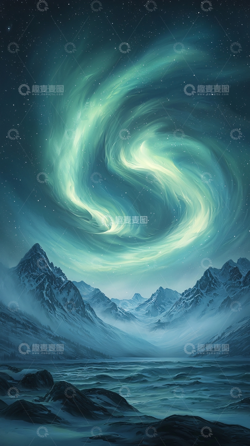 高清大图下载【趣麦麦图】极光下的雪山湖泊夜景