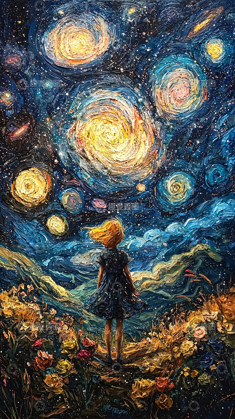 高清大图下载【趣麦麦图】星空下的女孩与花海