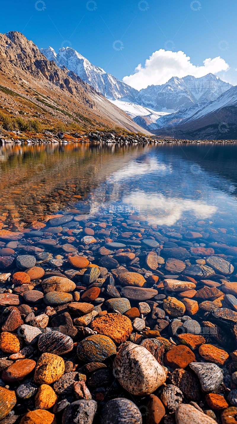 高清大图下载【趣麦麦图】雪山倒影清澈湖水石滩