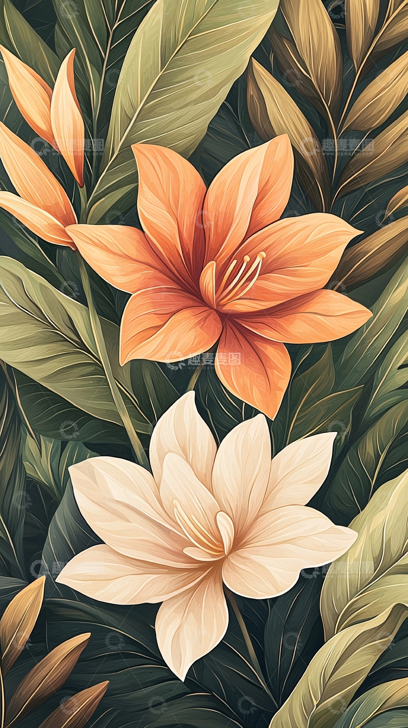 高清大图下载【趣麦麦图】橙色百合与白色花朵的自然背景