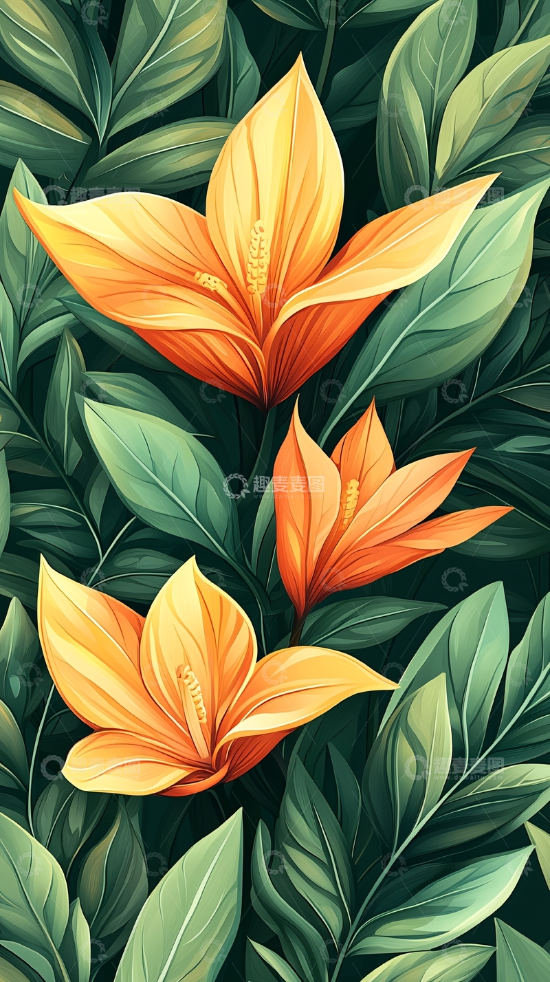 高清大图下载【趣麦麦图】热带花卉与绿叶背景