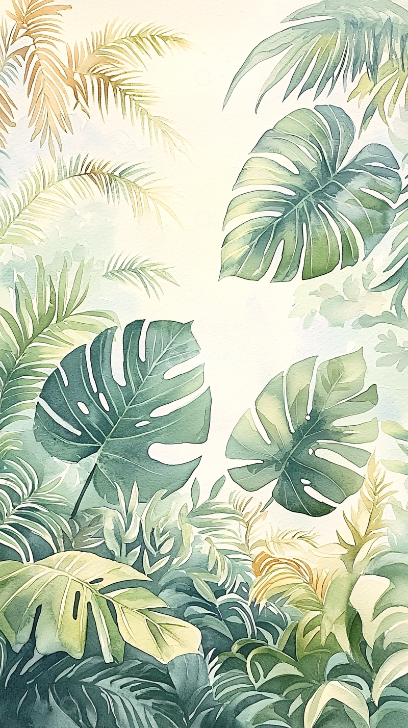 高清大图下载【趣麦麦图】热带植物手绘水彩背景图